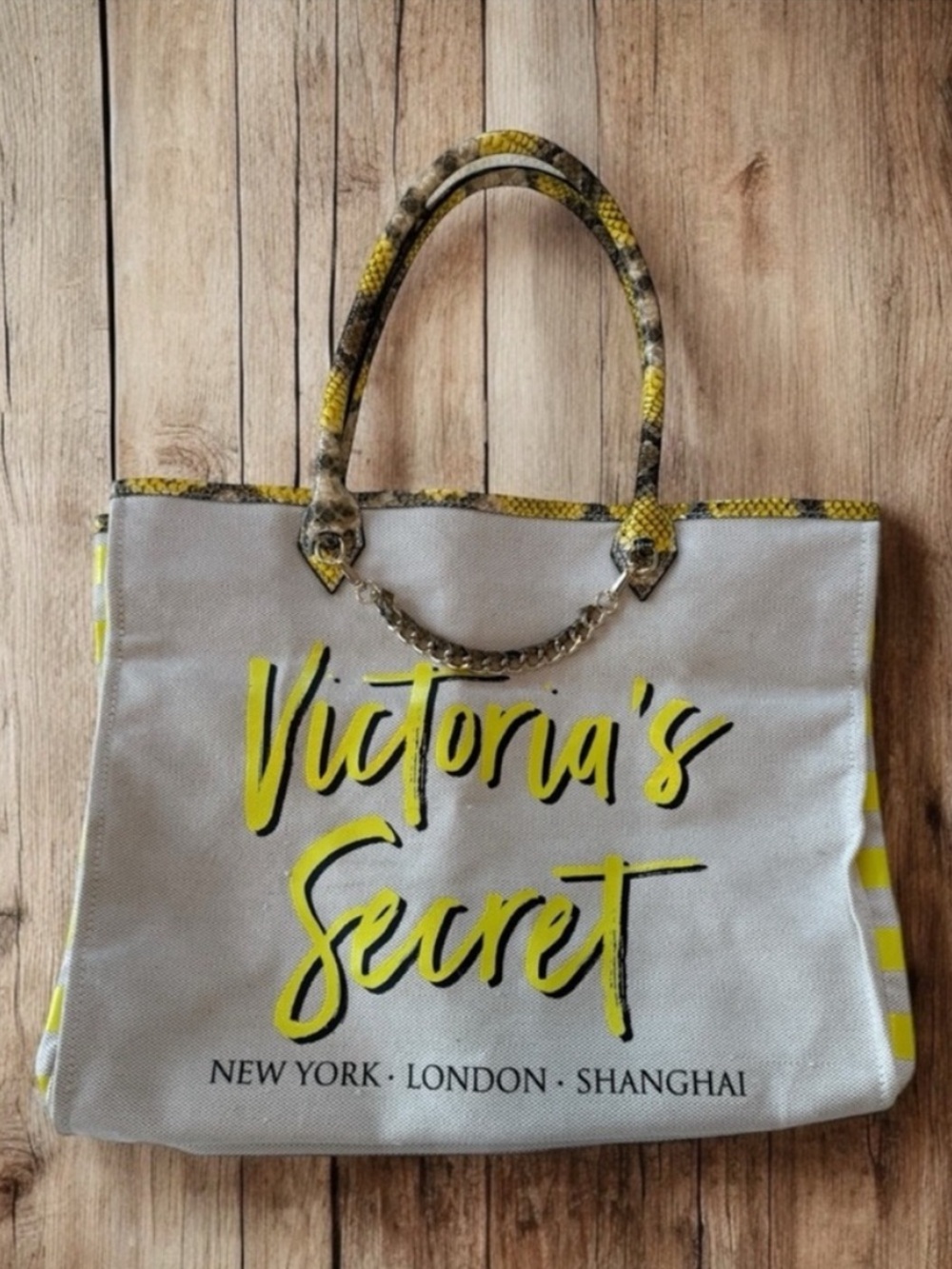 Victoria Secret Canvas and Yellow Snake Print Tote Bag